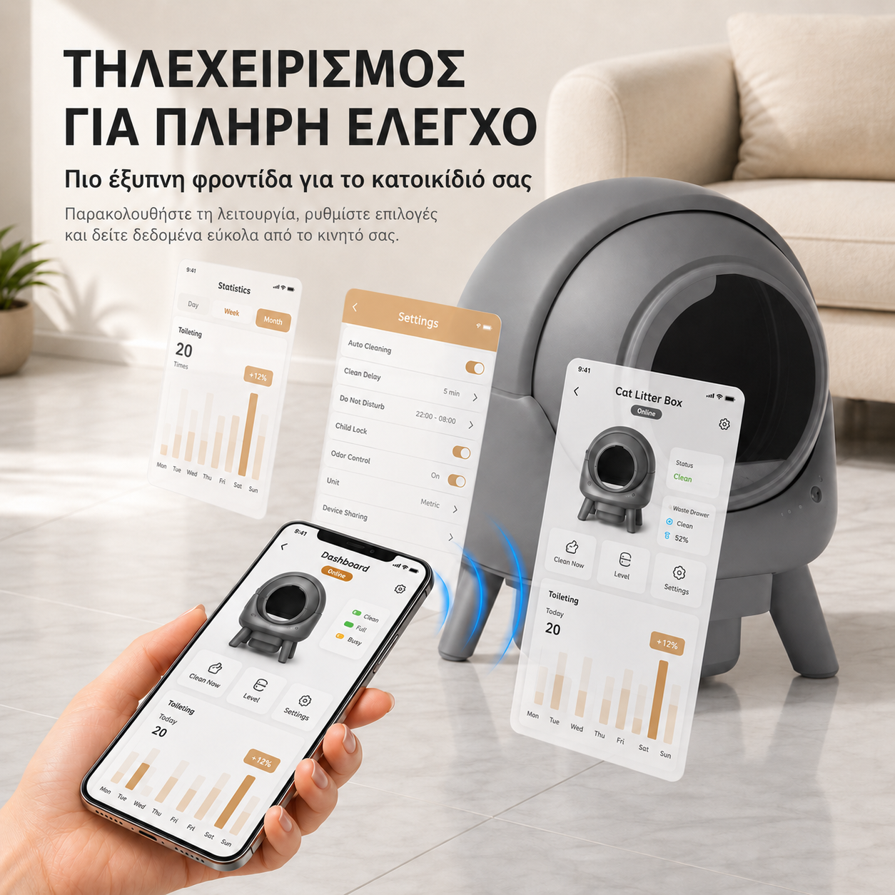 Αυτόματη Αυτοκαθαριζόμενη Τουαλέτα Γάτας 65L με Smart App