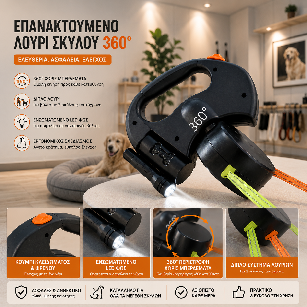 Διπλό Λουρί Σκύλου Sj με Περιστροφή 360° Μαύρο