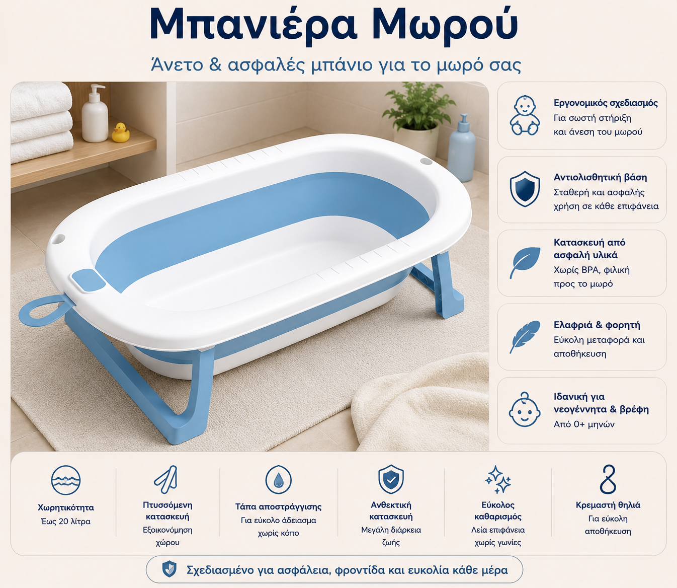 Παιδική Μπανιέρα Μωρού Αντιολισθητική για Νεογέννητα Μπλέ