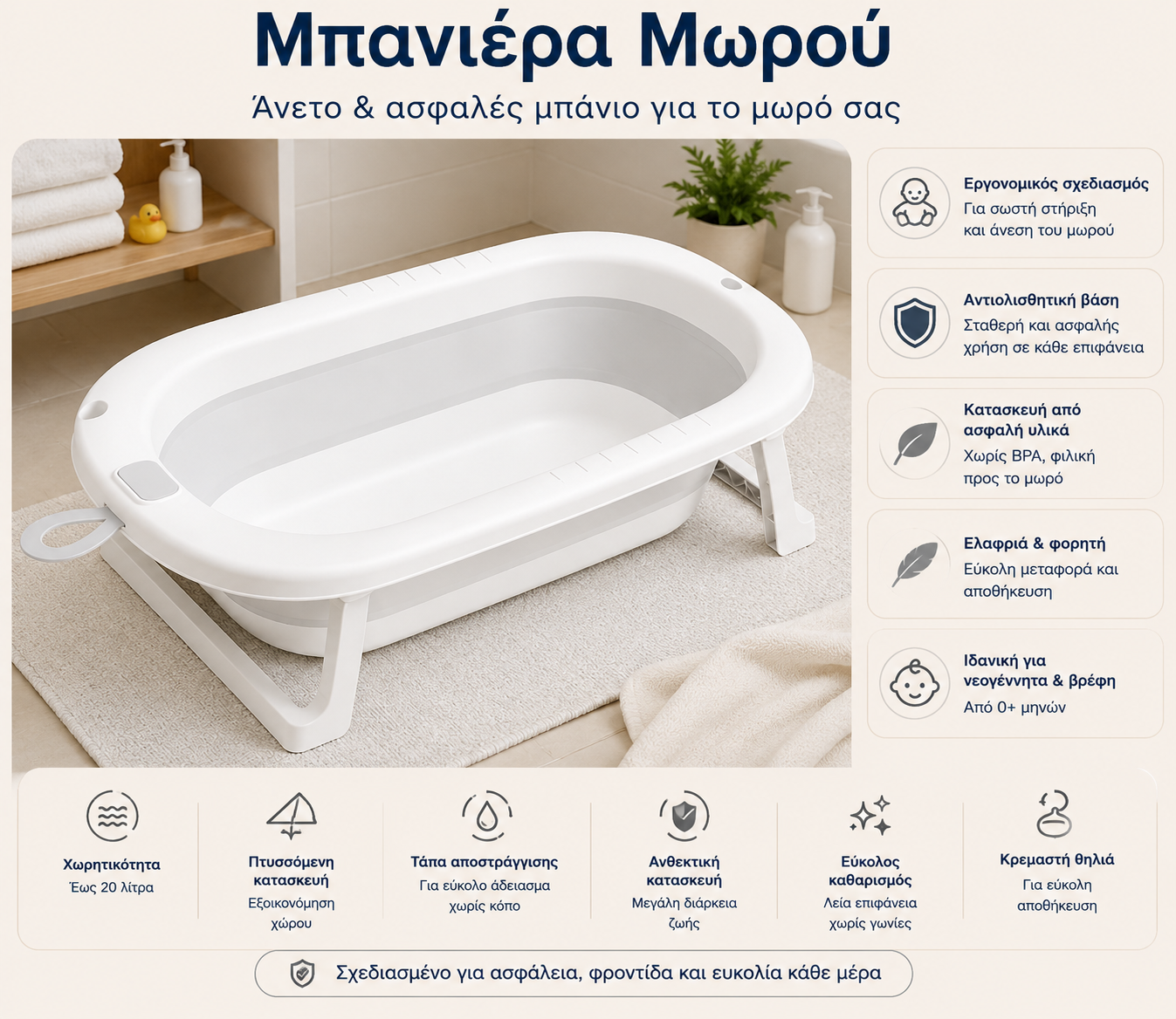 Παιδική Μπανιέρα Μωρού Αντιολισθητική για Νεογέννητα Άσπρο