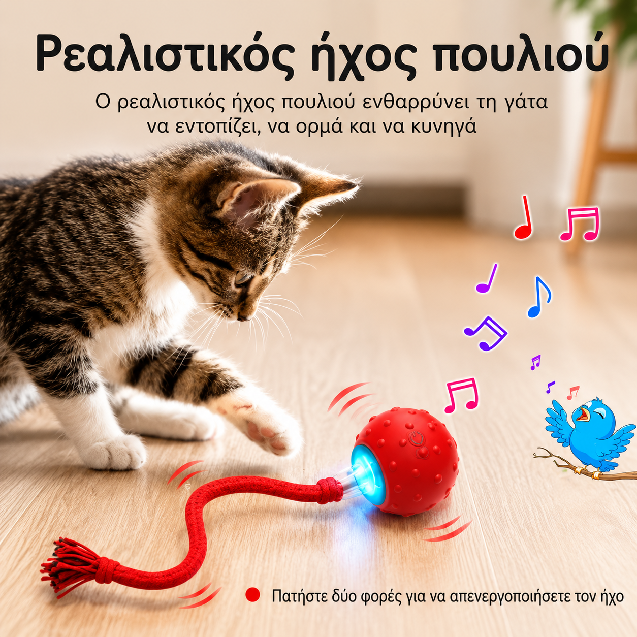 Διαδραστική Μπάλα Γάτας με Αυτόματη Κίνηση & Ήχο Chirping