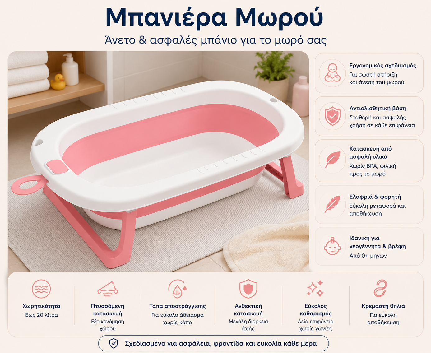 Παιδική Μπανιέρα Μωρού Αντιολισθητική για Νεογέννητα Ρόζ